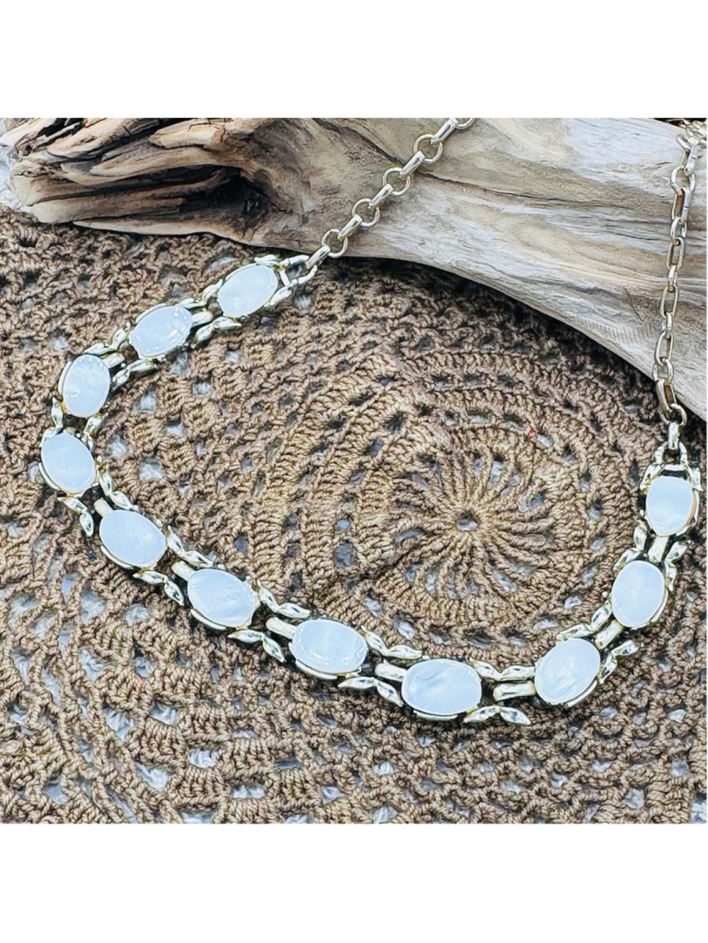 Coro White Cabochon Gold Tone Botanical Leaf Statement Necklace